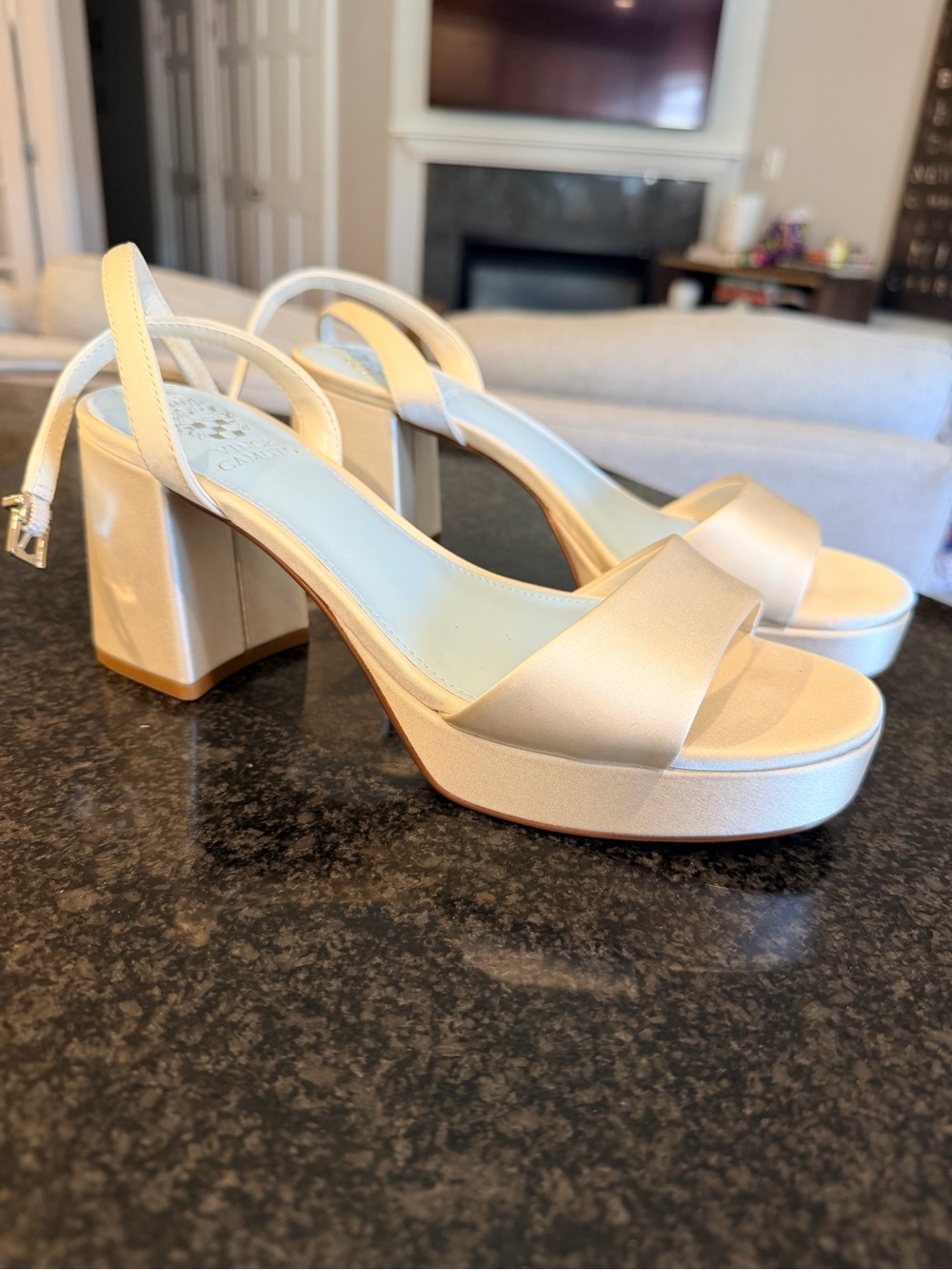 Vince Camuto Ivory Satin Platform Slingback Sandals